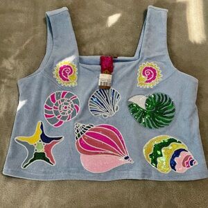 QUEEN OF SPARKLES Light Blue Sequin Shell Tank Top